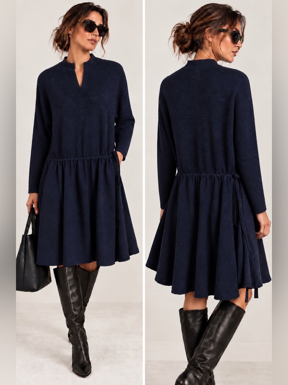 Theonne Navy Merino Wool Knit Split Neck Tie Waist Dress Size M